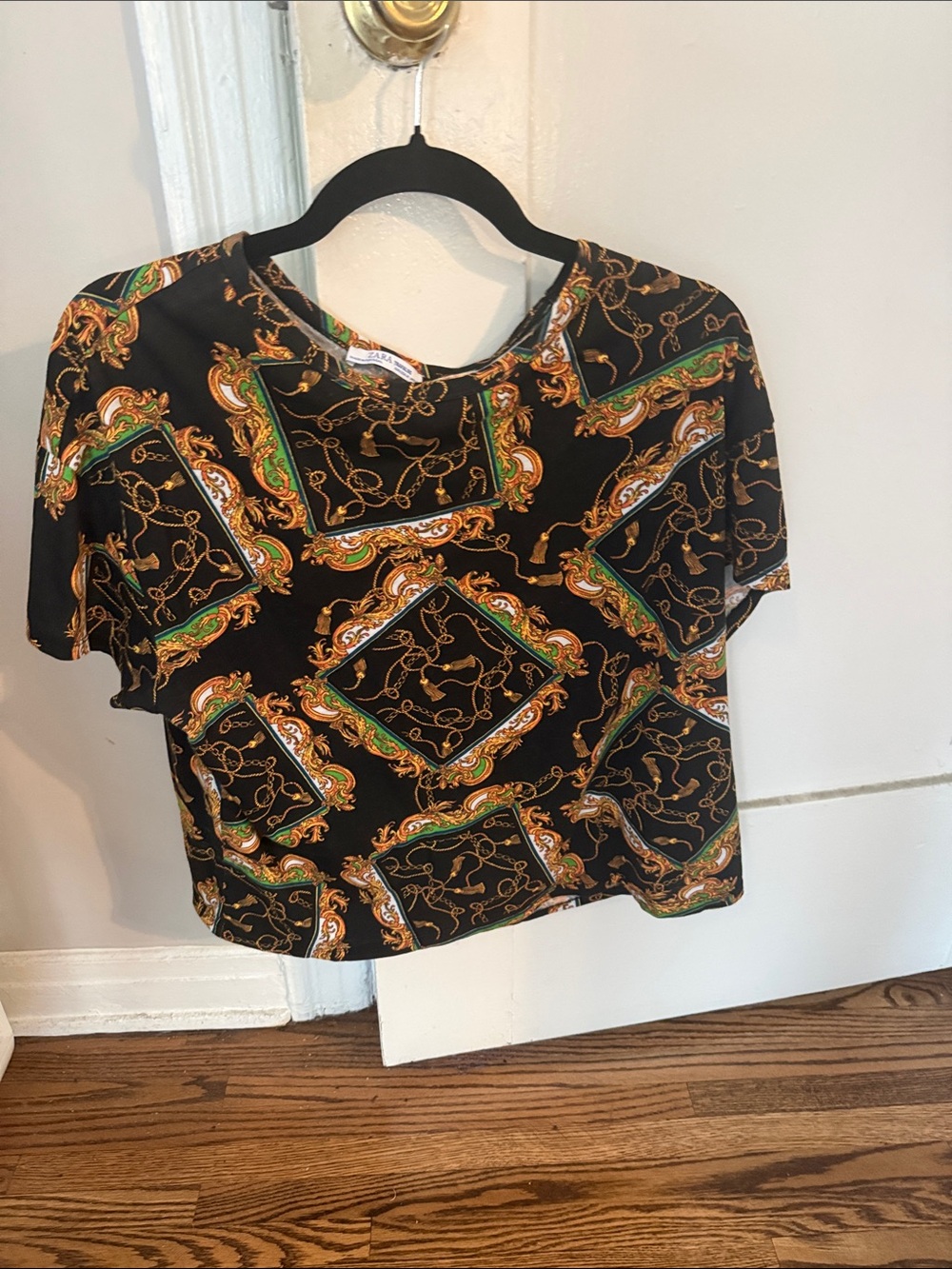Zara Black Short Sleeve Top with Gold & Green Baroque Print